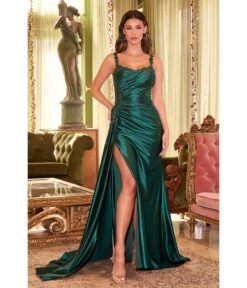 Cinderella Divine Emerald Sequin Applique & Ruched Satin Evening Gown