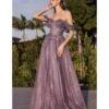 Cinderella Divine English Violet Glitter Lace & Tulle Embellished Off The Shoulder Prom Gown