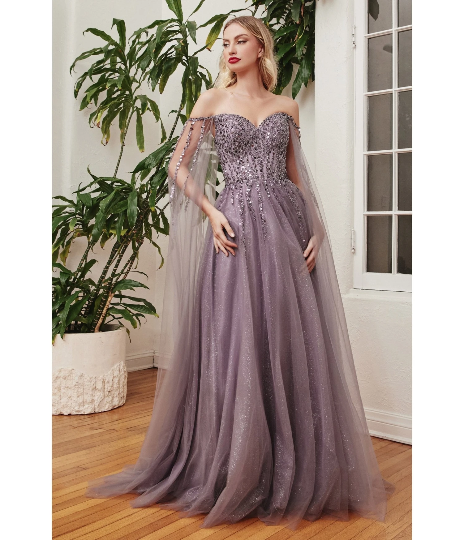 Cinderella Divine English Violet Sequin Embellished Cape Sleeve Prom Dress 1 Cinderella Divine English Violet Sequin Embellished Cape Sleeve Prom Dress