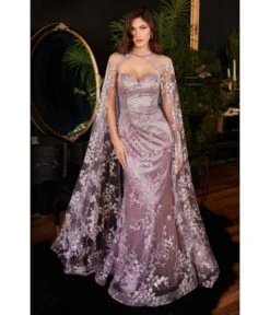 Cinderella Divine English Violet Sweetheart Fitted Floral Bridesmaid Gown With Cape