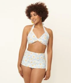 Esther Williams 1950s Light Blue & White Daisy Print Bikini Set -Pleaser Clothing Store esther williams 1950s light blue white daisy print bikini set 113802