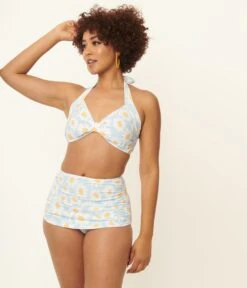 Esther Williams 1950s Light Blue & White Daisy Print Bikini Set -Pleaser Clothing Store esther williams 1950s light blue white daisy print bikini set 791193