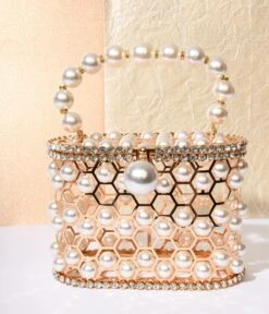 Faux Pearl & Gold Cage Handbag -Pleaser Clothing Store faux pearl gold cage handbag 949567