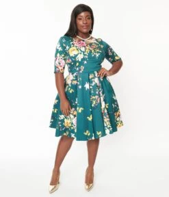 Forest Green & Pastel Floral Seville Swing Dress