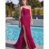 Cinderella Divine Fuchsia One Shoulder Velvet Sequin Bridesmaid Gown