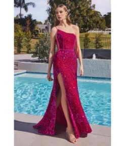 Cinderella Divine Fuchsia One Shoulder Velvet Sequin Bridesmaid Gown