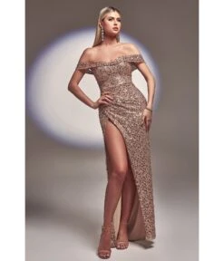 Cinderella Divine Glamorous Rose Gold Off Shoulder Sequin Prom Gown