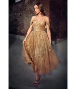Cinderella Divine Gold Glitter Off The Shoulder Tea Length Dress