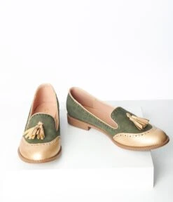 Gold & Green Suede Oxford Flats