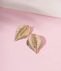 Gold Rhinestone Leaf Stud Earrings