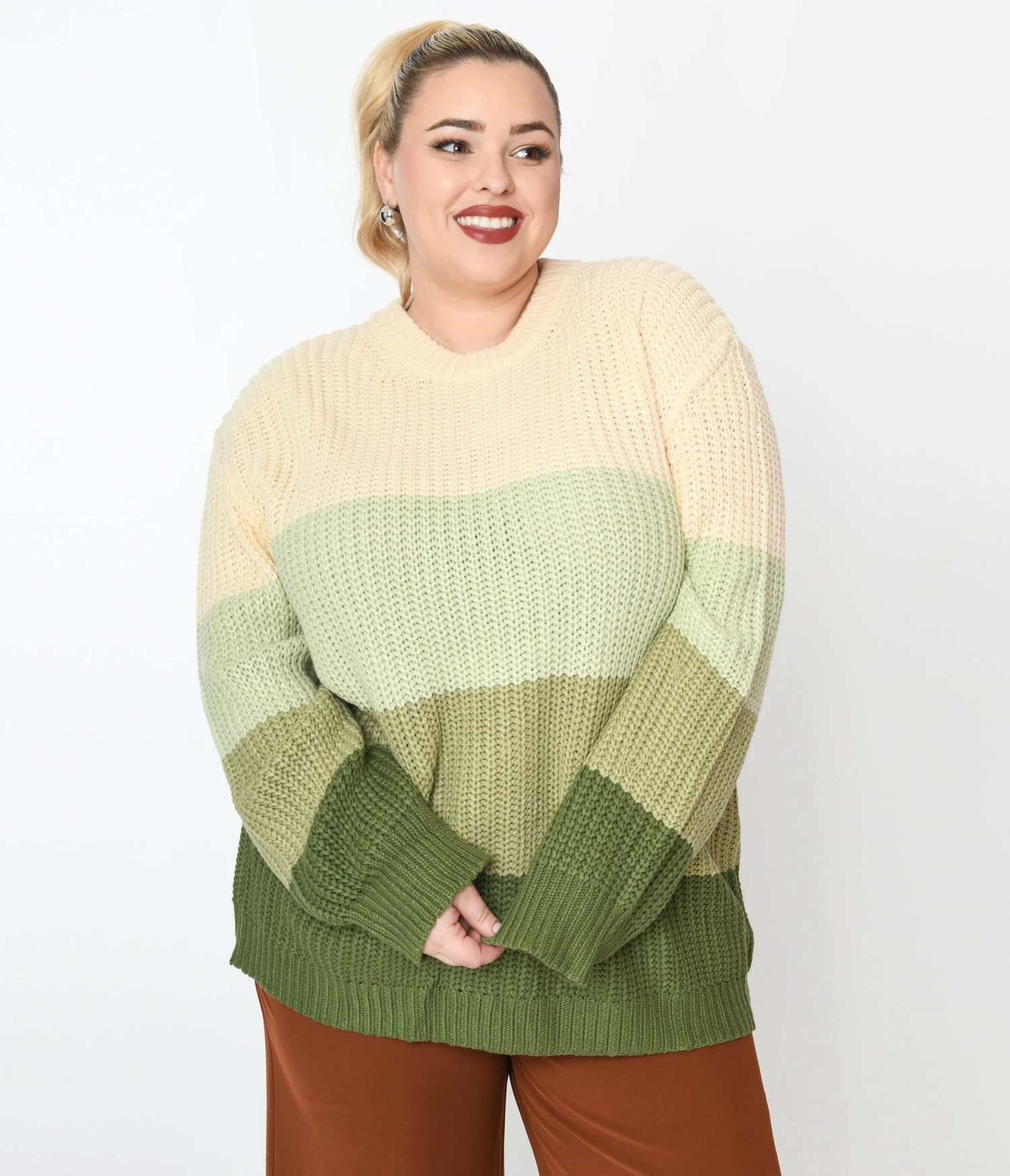 Green Dream Color Block Striped Pullover Knit Sweater 2 Green Dream Color Block Striped Pullover Knit Sweater - Image 2