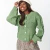Green Eyelet Pom Pom Puff Sleeve Cardigan