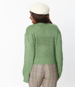 Green Eyelet Pom Pom Puff Sleeve Cardigan -Pleaser Clothing Store green eyelet pom pom puff sleeve cardigan 479839