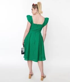 Green Eyelet Ruffle Sleeve Swing Dress -Pleaser Clothing Store green eyelet ruffle sleeve swing dress 258666