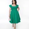 Green Eyelet Ruffle Sleeve Swing Dress