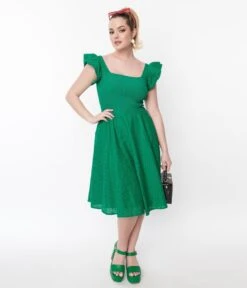 Green Eyelet Ruffle Sleeve Swing Dress -Pleaser Clothing Store green eyelet ruffle sleeve swing dress 657575