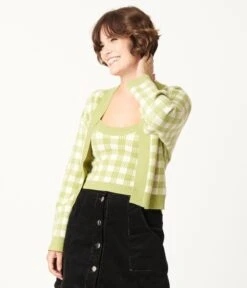 Green Gingham Crop Top & Cardigan Sweater Set -Pleaser Clothing Store green gingham crop top cardigan sweater set 182925