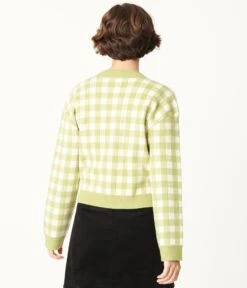Green Gingham Crop Top & Cardigan Sweater Set -Pleaser Clothing Store green gingham crop top cardigan sweater set 660178