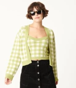 Green Gingham Crop Top & Cardigan Sweater Set -Pleaser Clothing Store green gingham crop top cardigan sweater set 761769