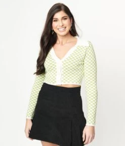 Green & Ivory Check Crop Cardigan -Pleaser Clothing Store green ivory check crop cardigan 334178