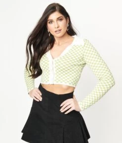Green & Ivory Check Crop Cardigan -Pleaser Clothing Store green ivory check crop cardigan 572874