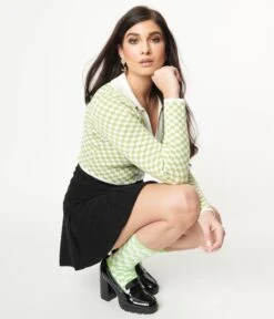 Green & Ivory Check Crop Cardigan -Pleaser Clothing Store green ivory check crop cardigan 665647