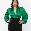 Green Satin Balloon Sleeve Blouse