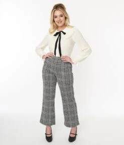 Grey & Black Plaid Stretch Woven Pants