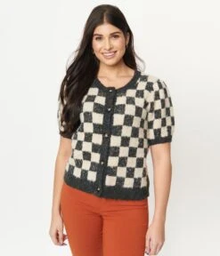 Grey & Ivory Speckled Check Cardigan -Pleaser Clothing Store grey ivory speckled check cardigan 394010