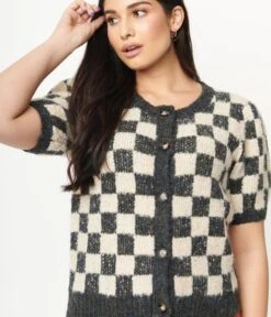 Grey & Ivory Speckled Check Cardigan -Pleaser Clothing Store grey ivory speckled check cardigan 720430
