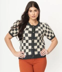 Grey & Ivory Speckled Check Cardigan -Pleaser Clothing Store grey ivory speckled check cardigan 833842