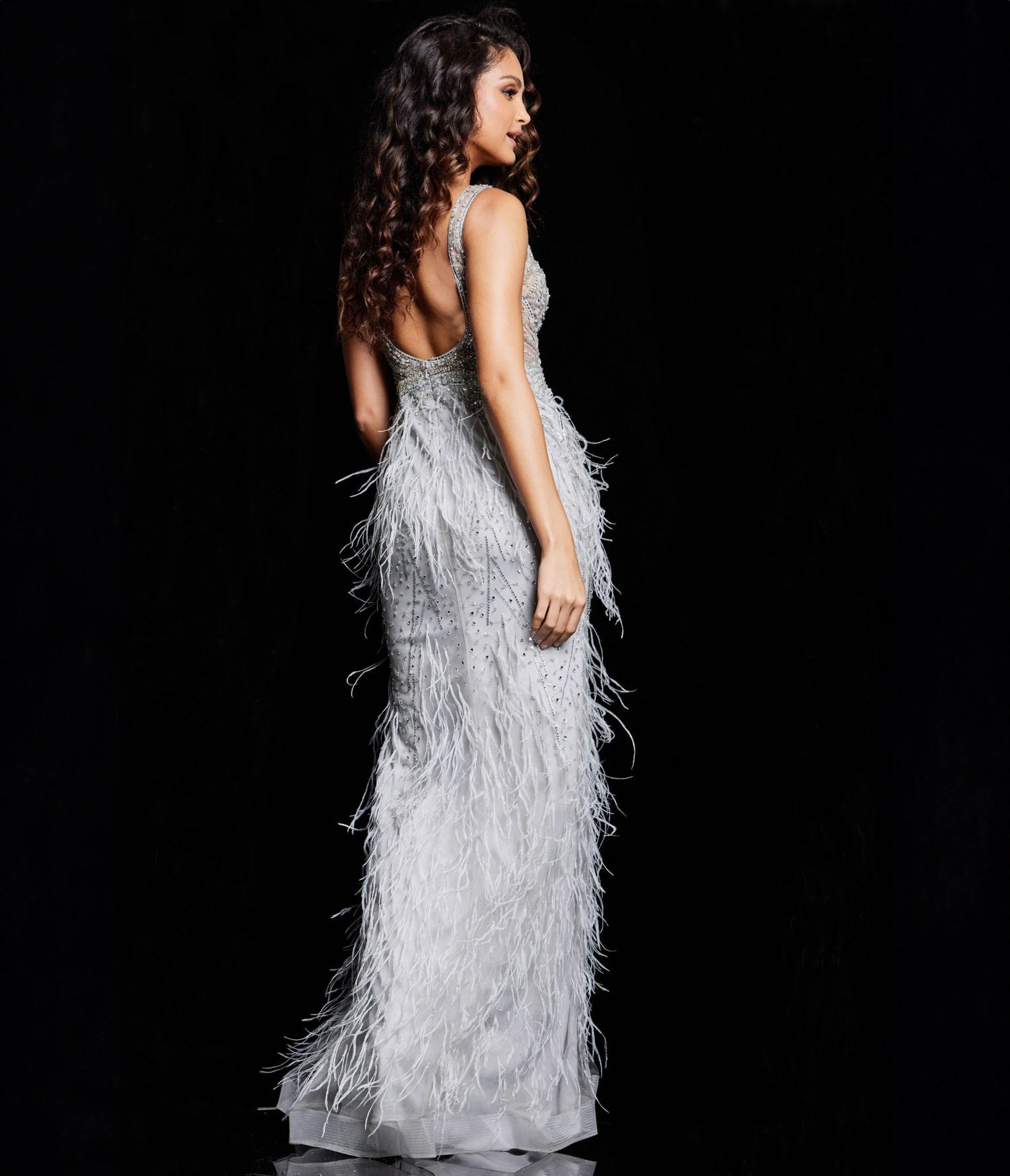Jovani Grey & Silver Feather Embellished Evening Gown 2 Jovani Grey & Silver Feather Embellished Evening Gown - Image 2