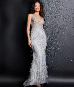 Jovani Grey & Silver Feather Embellished Evening Gown 6 Jovani Grey & Silver Feather Embellished Evening Gown -Pleaser Clothing Store grey silver feather embellished evening gown 593314