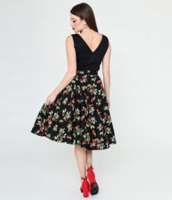 Hell Bunny Black & Cherry Print Swing Skirt -Pleaser Clothing Store hell bunny black cherry print swing skirt 619757