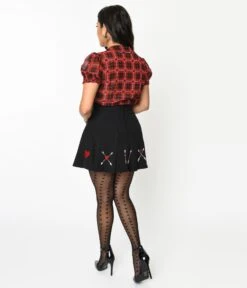 Hell Bunny Black & Embroidered Heart Border Amy Fit & Flare Skirt -Pleaser Clothing Store hell bunny black embroidered heart border amy fit flare skirt 706149