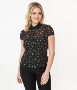 Hell Bunny Black & Holiday Print Blouse