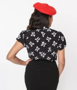 Hell Bunny Black & White Bow Print Bobbie Blouse -Pleaser Clothing Store hell bunny black white bow print bobbie blouse 392740