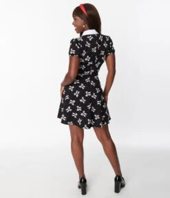 Hell Bunny Black & White Bow Print Bobbie Mini Dress -Pleaser Clothing Store hell bunny black white bow print bobbie mini dress 769266