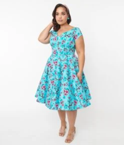 Hell Bunny Blue & Pink Floral Louella Dress -Pleaser Clothing Store hell bunny blue pink floral louella dress 389871