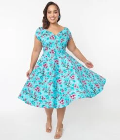 Hell Bunny Blue & Pink Floral Louella Dress -Pleaser Clothing Store hell bunny blue pink floral louella dress 481932