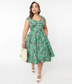 Hell Bunny Green Skeleton & Moths Floral Madilynn Midi Dress -Pleaser Clothing Store hell bunny green skeleton moths floral madilynn midi dress 371800