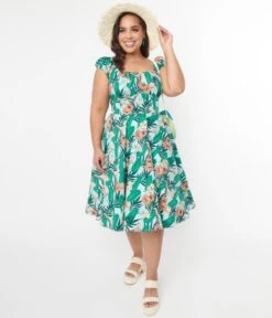 Hell Bunny Light Blue & Green Tropical Ukulele Swing Dress -Pleaser Clothing Store hell bunny light blue green tropical ukulele swing dress 229342