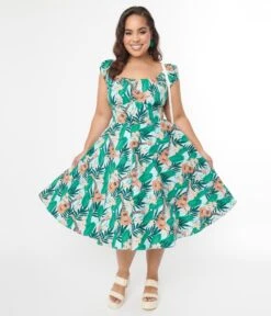 Hell Bunny Light Blue & Green Tropical Ukulele Swing Dress -Pleaser Clothing Store hell bunny light blue green tropical ukulele swing dress 477037