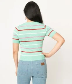 Hell Bunny Mint Stripe Berry Knit Top -Pleaser Clothing Store hell bunny mint stripe berry knit top 714102