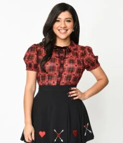 Hell Bunny Red & Black Heart Plaid Date Night Blouse
