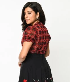 Hell Bunny Red & Black Heart Plaid Date Night Blouse -Pleaser Clothing Store hell bunny red black heart plaid date night blouse 632130