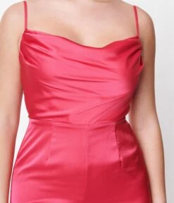 Hot Pink Chateau Satin Cowl Neck Jumpsuit -Pleaser Clothing Store hot pink chateau satin cowl neck jumpsuit 519590