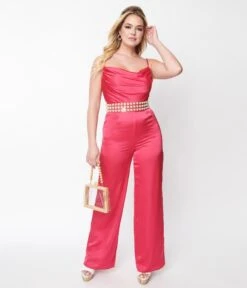 Hot Pink Chateau Satin Cowl Neck Jumpsuit -Pleaser Clothing Store hot pink chateau satin cowl neck jumpsuit 748462