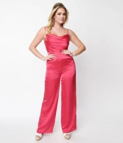 Hot Pink Chateau Satin Cowl Neck Jumpsuit -Pleaser Clothing Store hot pink chateau satin cowl neck jumpsuit 895412