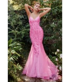 Cinderella Divine Hot Pink Chromatic Floral Mermaid Bridesmaid Dress